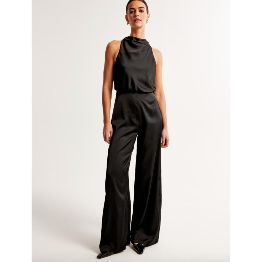 Abercrombie & Fitch High-neck Draped Jumpsuit Black Satin Wide Leg NWT Size XXS